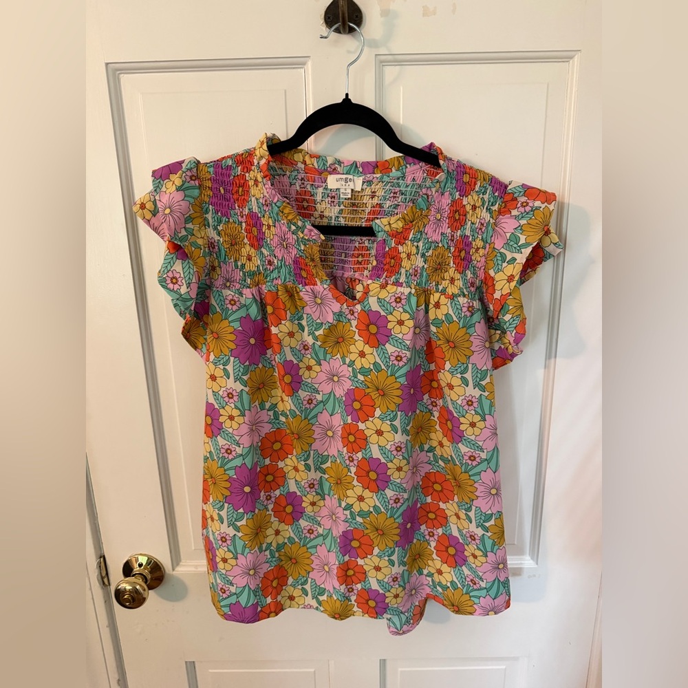 Umgee Floral Smocked Ruffle Sleeve Blouse - Pink, Orange, Yellow, Green